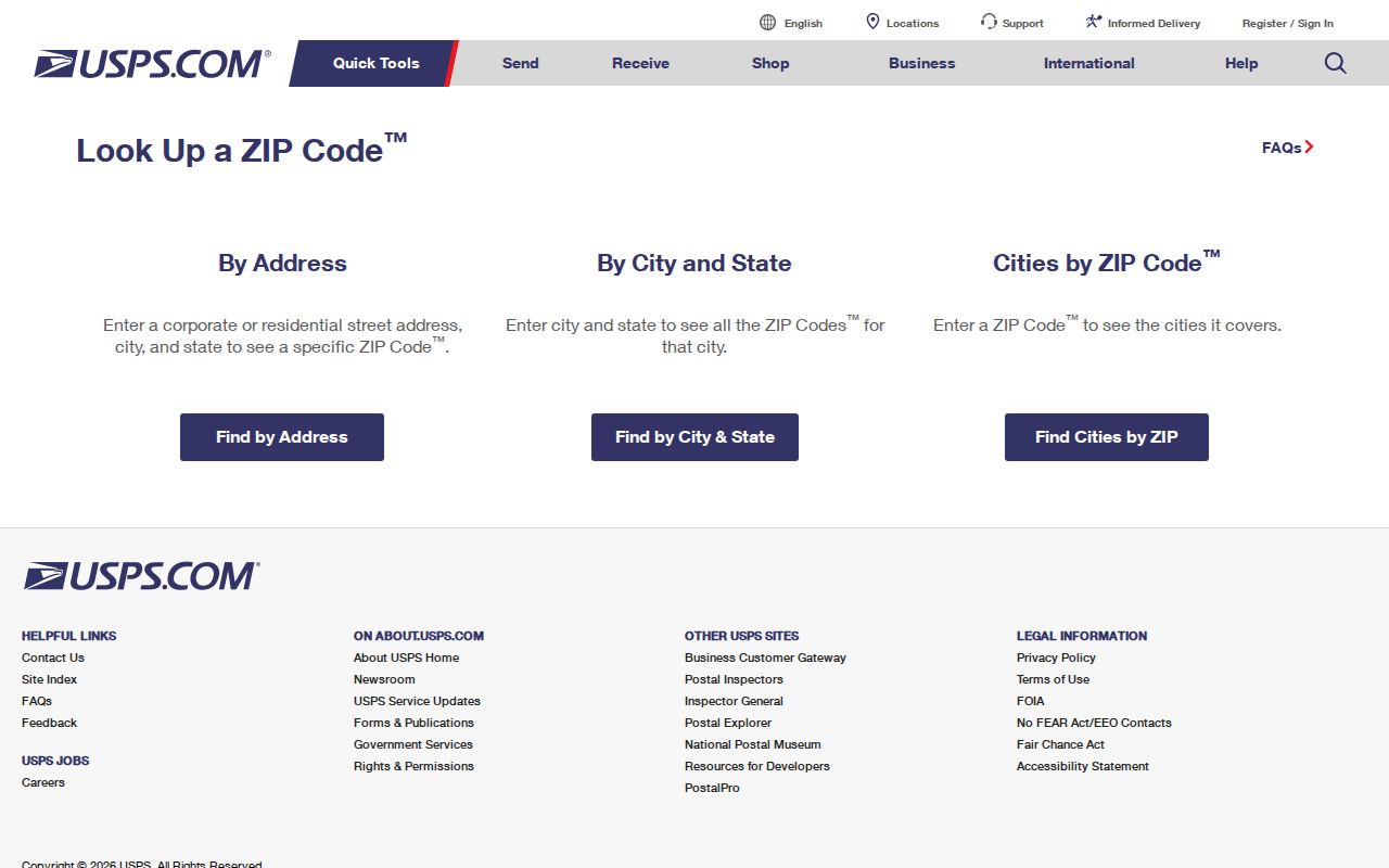 Delaware ZIP code directory USPS lookup screen